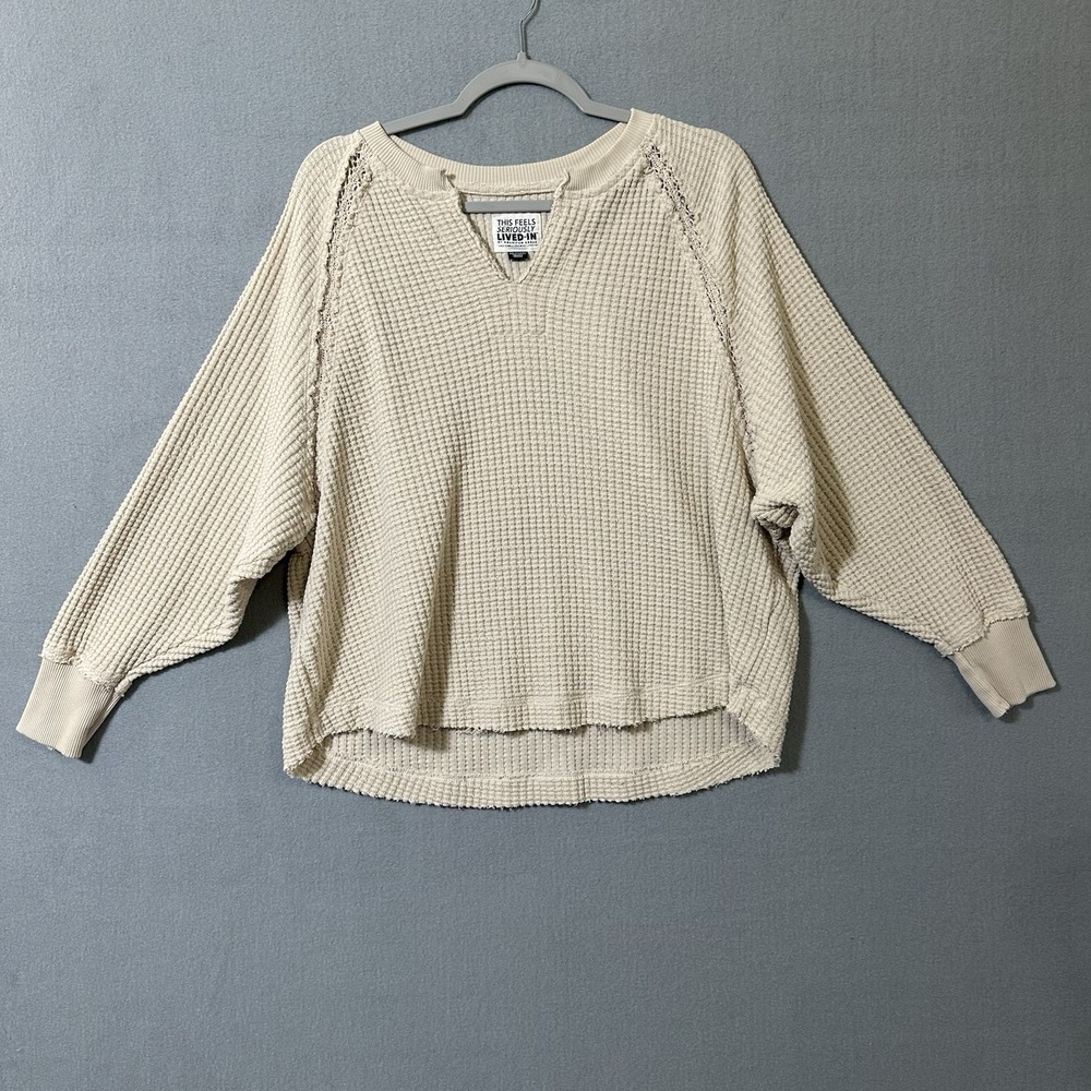 Aerie Oversized Thermal Knit Sweater Women's XS Cream Raw Hem Lace
